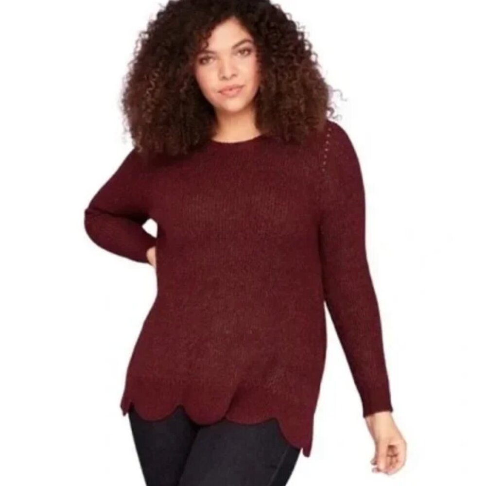 Lane Bryant Metallic Stitched Maroon Scalloped Hem Pullover Crew Neck Sweater
